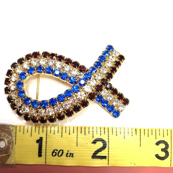 Red Blue & Clear Rhinestone Awareness Ribbon Pin Brooch Gold-Tone Metal - Picture 2 of 5